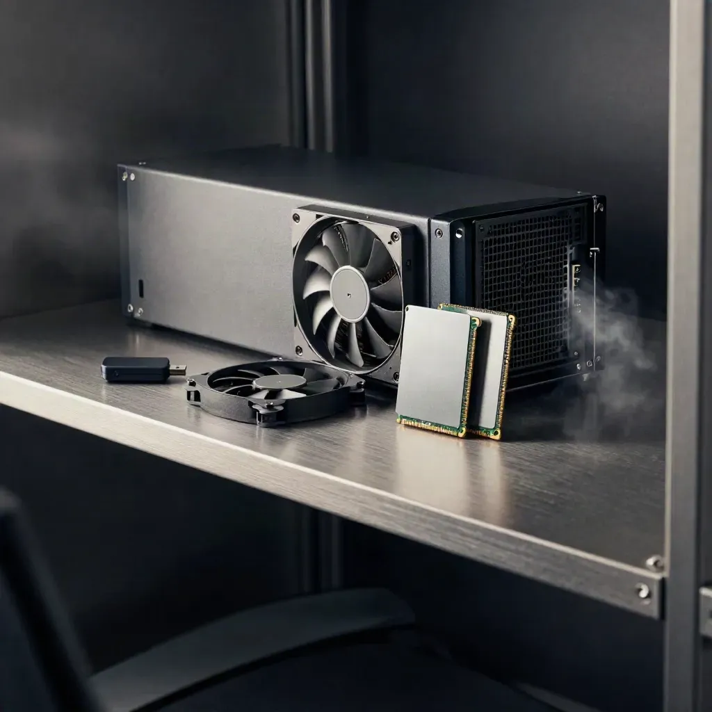 Wieżowy serwer na metalowej półce, obok pendrive’a instalacyjnego, wentylatora i dwóch dysków SSD.