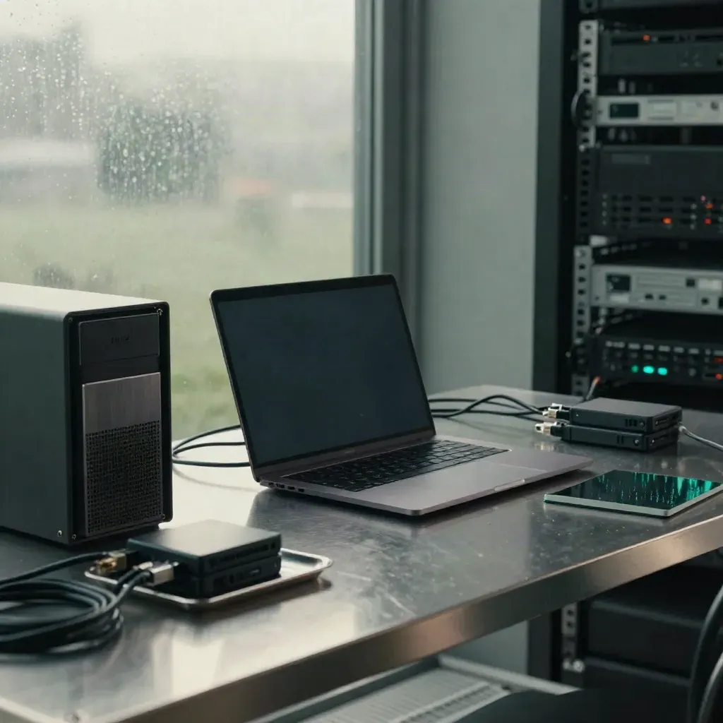 Mroczna scena z laptopem, serwerem, dyskami SSD i kablami ethernet w deszczowy świt.