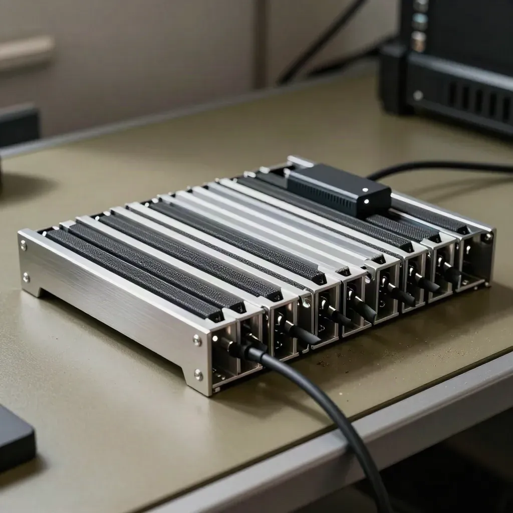 Modułowe tory kablowe i mały router na technicznym stole w serwerowni.