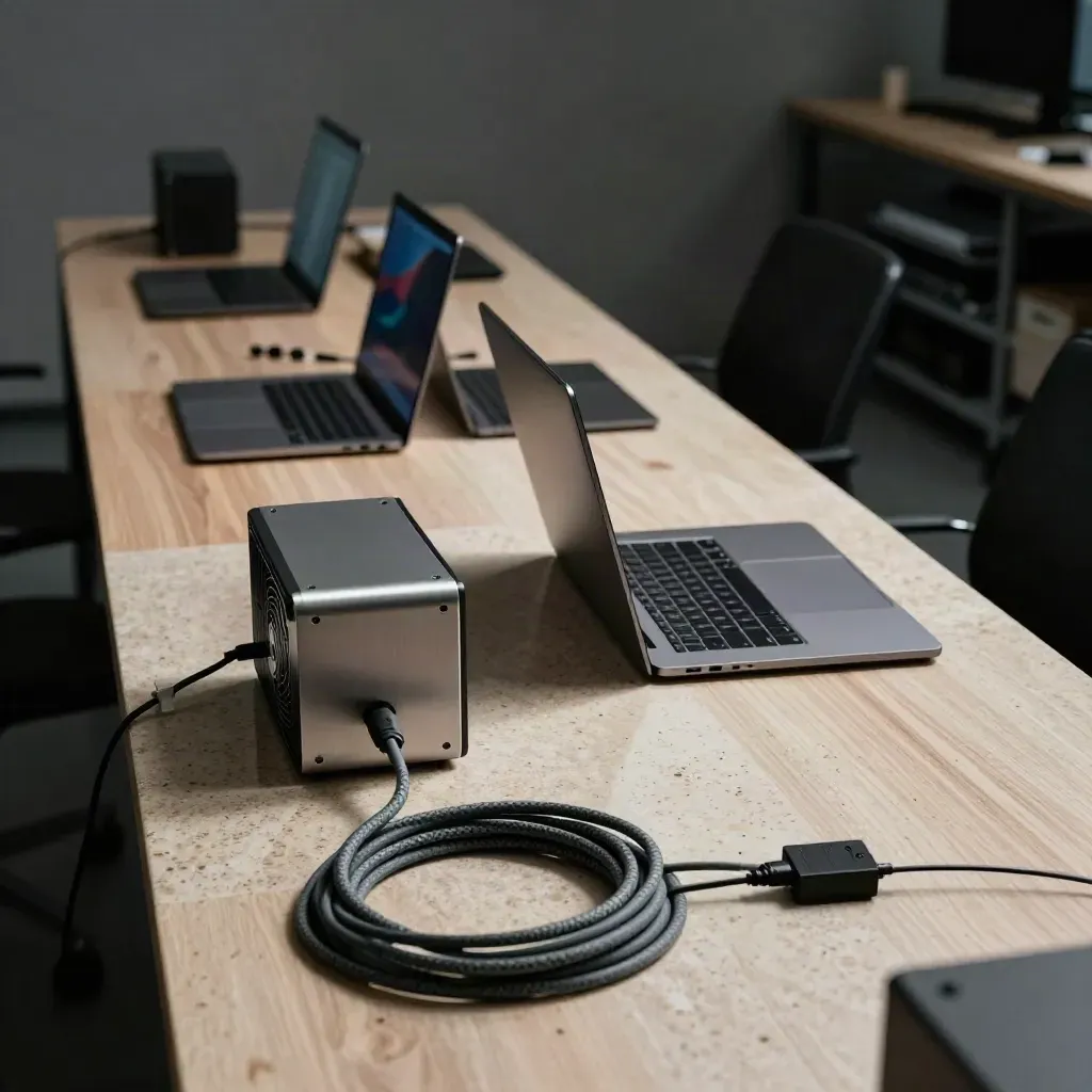Ciche laboratorium z trzema laptopami, serwerem testowym i kablami na długiej ławce.