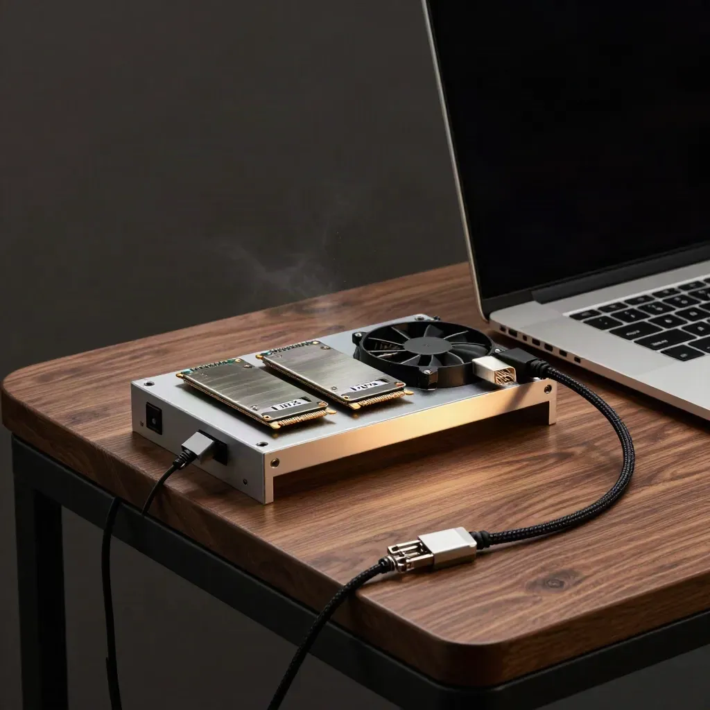 Niski kadr przy ławie: dwa SSD, switch i wentylator przy laptopie po zakończonym buildzie.