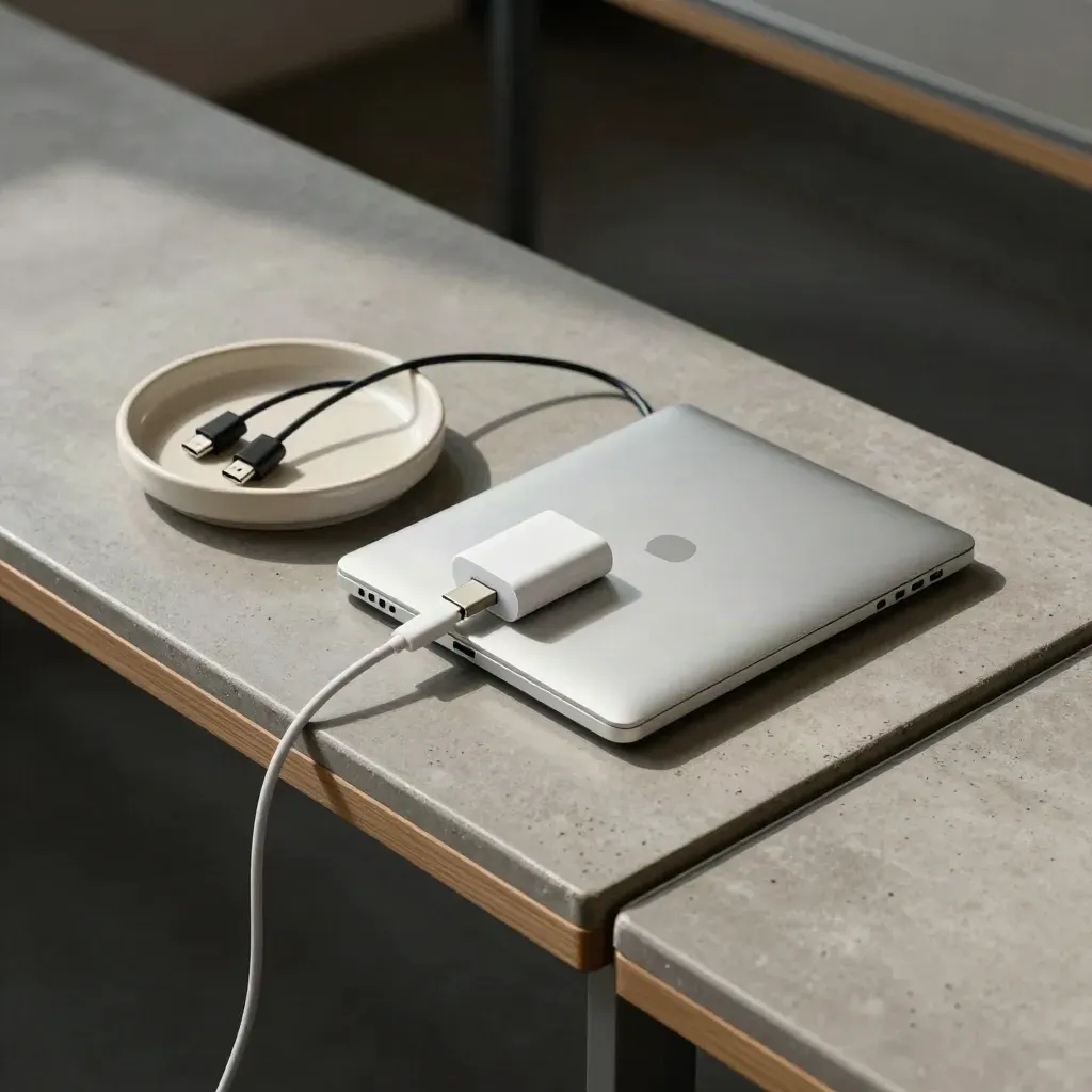 Kąt nauki Nix Build z laptopem, adapterem USB-C i miseczką końcówek kabli.