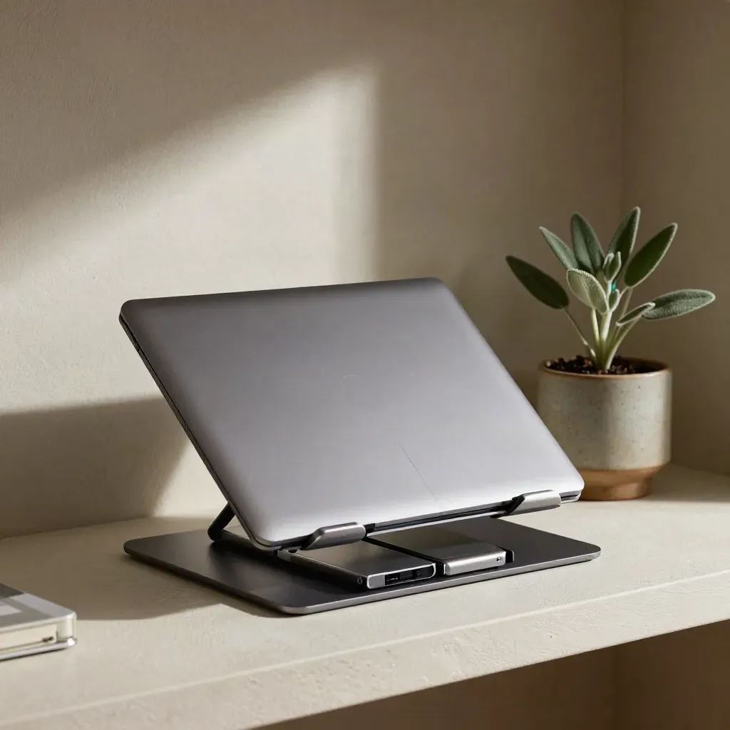 Matowy stojak na laptopa, dwa dyski i metalowa płyta modułowa na jasnej półce z rośliną.